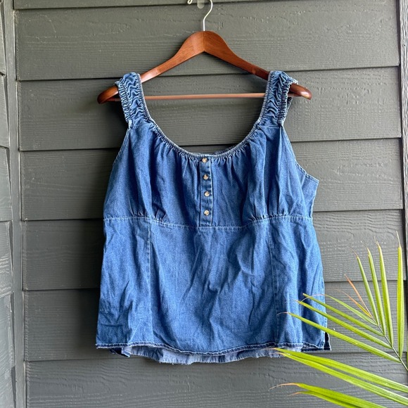 Zoey Beth Plus Tops - Zoey Beth Plus Chambray Peasant Tank Top Blue Babydoll Denim Blouse